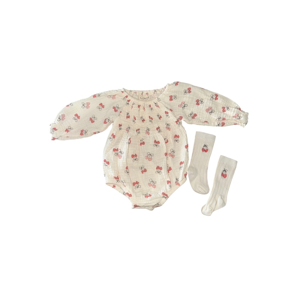 Rabbit Bear Organic Cherry Gauze Bubble Romper and Socks Set Cream 6-9M